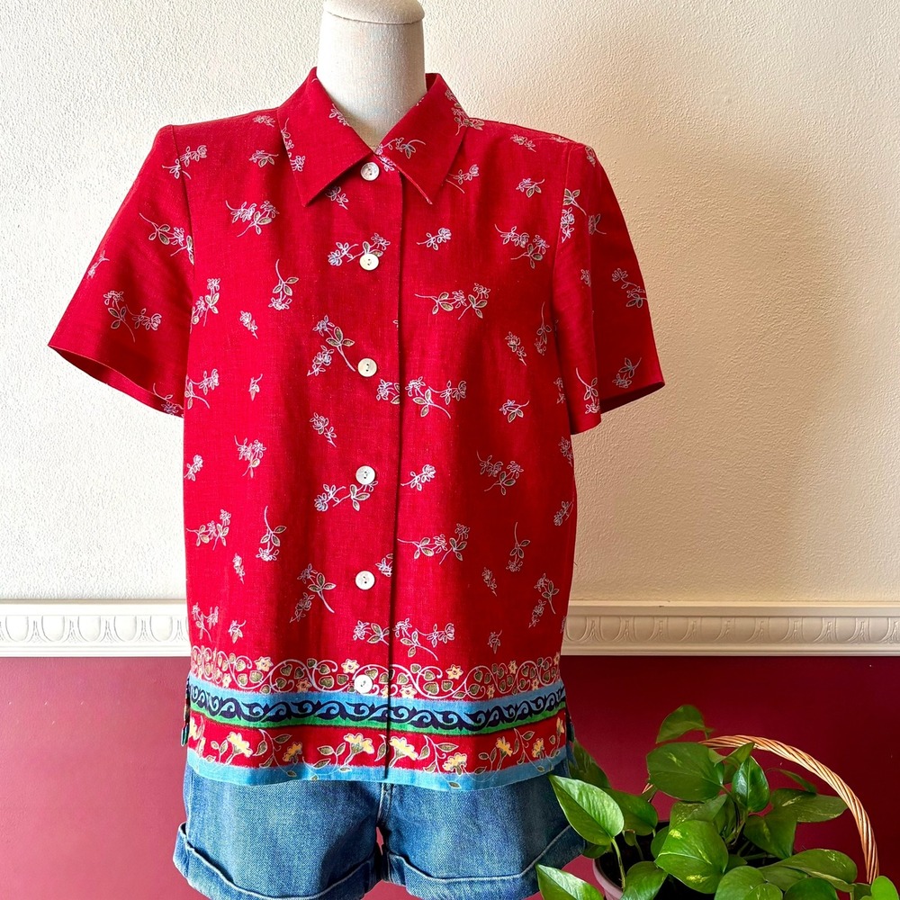 Miss Dorby Vintage Red Linen Blend Floral Button Down Top 8 Retro Resortwear 90s